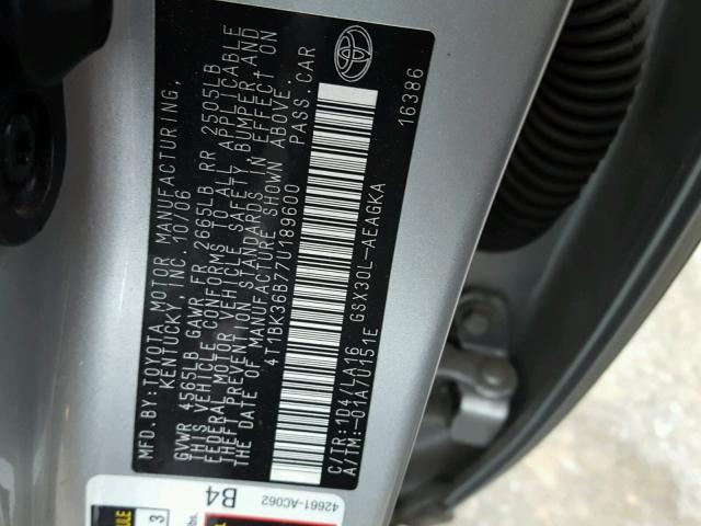 4T1BK36B77U189600 - 2007 TOYOTA AVALON XL Күміс фото 10