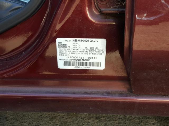 JN1CA31A91T100149 - 2001 NISSAN MAXIMA GXE BURGUNDY photo 10