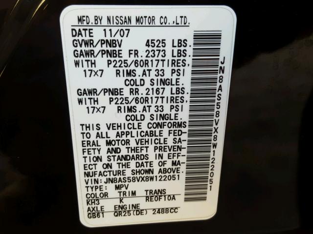 JN8AS58VX8W122051 - 2008 NISSAN ROGUE S BLACK photo 10