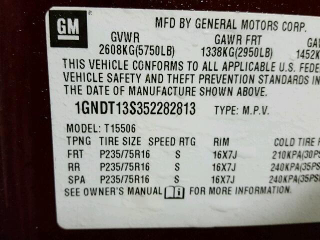 1GNDT13S352282813 - 2005 CHEVROLET TRAILBLAZE BURGUNDY photo 10