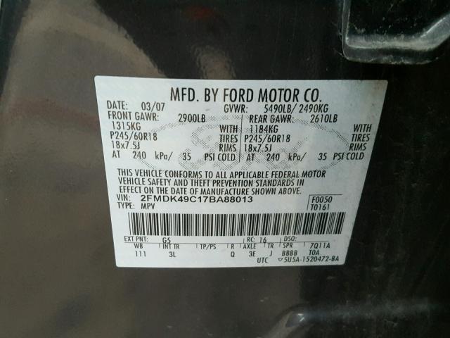 2FMDK49C17BA88013 - 2007 FORD EDGE SEL P CHARCOAL photo 10