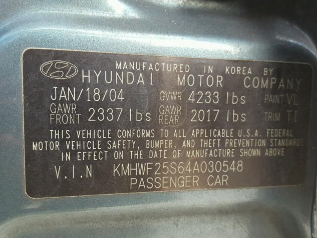 KMHWF25S64A030548 - 2004 HYUNDAI SONATA GL BLUE photo 10