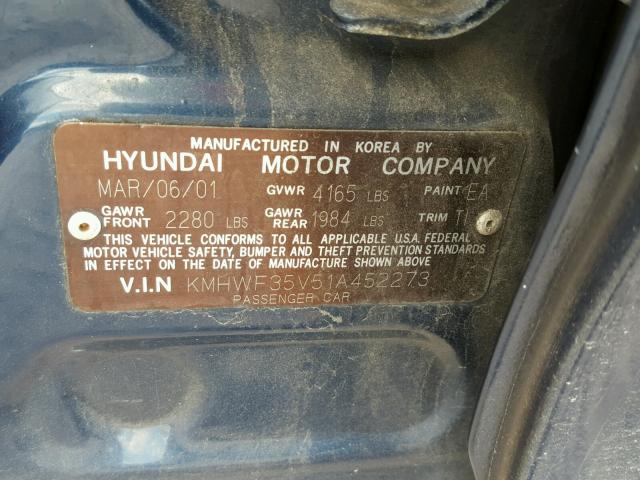 KMHWF35V51A452273 - 2001 HYUNDAI SONATA GLS BLUE photo 10