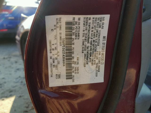 1FAFP53U25A306044 - 2005 FORD TAURUS SE MAROON photo 10