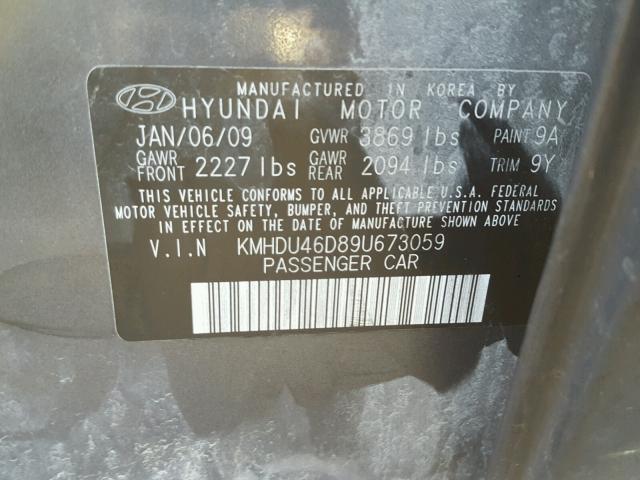 KMHDU46D89U673059 - 2009 HYUNDAI ELANTRA GL GRAY photo 10