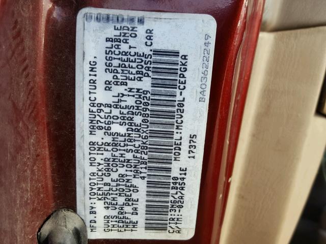 4T1BF28K6XU089029 - 1999 TOYOTA CAMRY LE MAROON photo 10