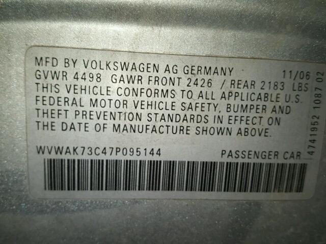 WVWAK73C47P095144 - 2007 VOLKSWAGEN PASSAT 2.0 SILVER photo 10