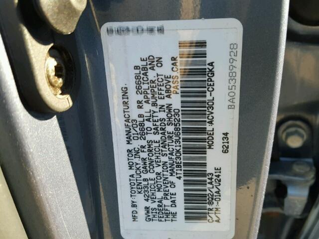 4T1BE30K13U685230 - 2003 TOYOTA CAMRY LE BLUE photo 10