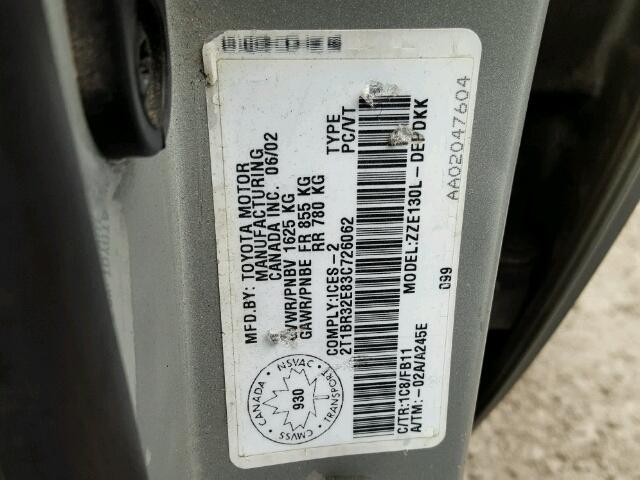 2T1BR32E83C726062 - 2003 TOYOTA COROLLA CE SILVER photo 10