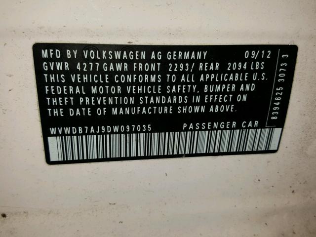 WVWDB7AJ9DW097035 - 2013 VOLKSWAGEN GOLF WHITE photo 10