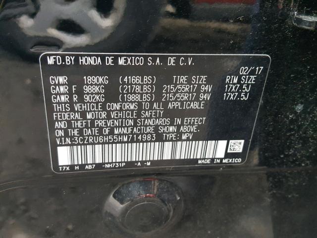 3CZRU6H55HM714983 - 2017 HONDA HR-V EX BLACK photo 10