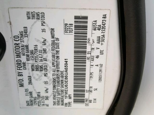 1FMEU63E86UA65941 - 2006 FORD EXPLORER X WHITE photo 10