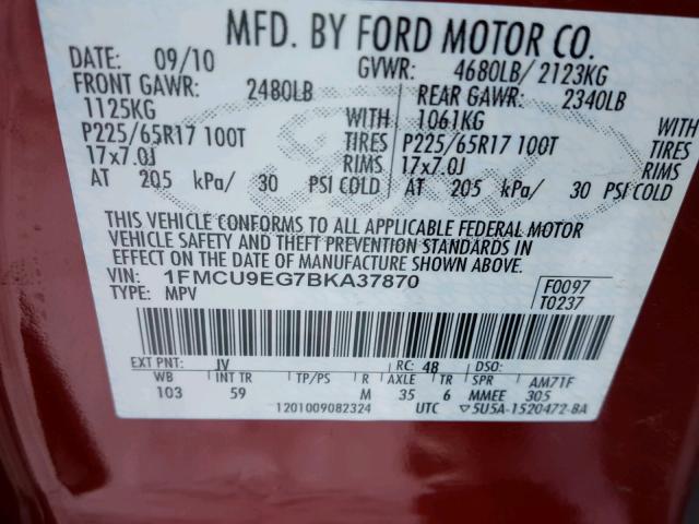 1FMCU9EG7BKA37870 - 2011 FORD ESCAPE LIM MAROON photo 10