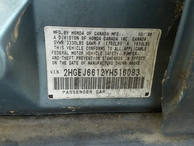 2HGEJ6612YH516083 - 2000 HONDA CIVIC BASE BLUE photo 10