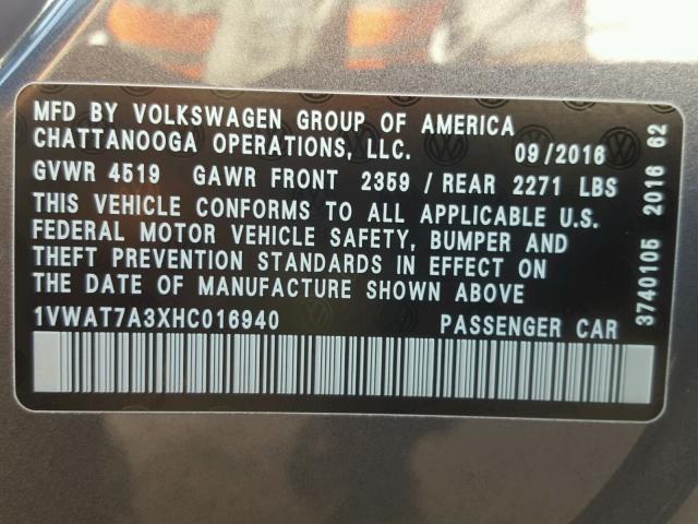 1VWAT7A3XHC016940 - 2017 VOLKSWAGEN PASSAT S გრაფიტი ფოტო 10