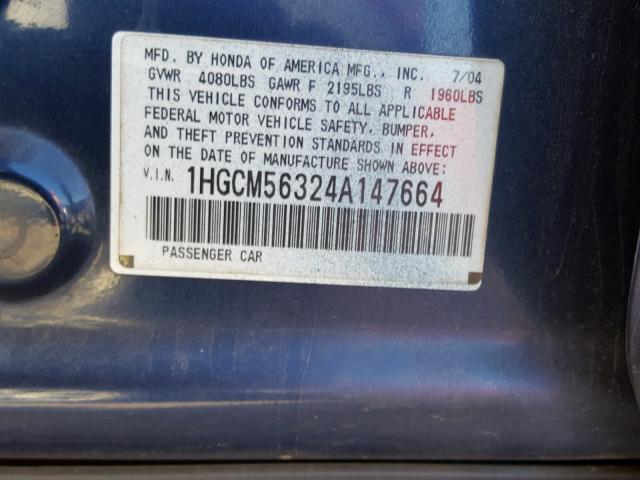 1HGCM56324A147664 - 2004 HONDA ACCORD LX BLUE photo 10