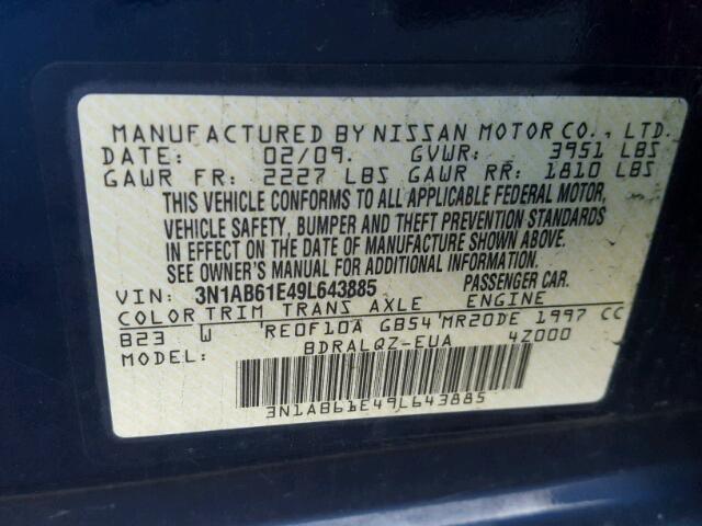 3N1AB61E49L643885 - 2009 NISSAN SENTRA 2.0 BLUE photo 10