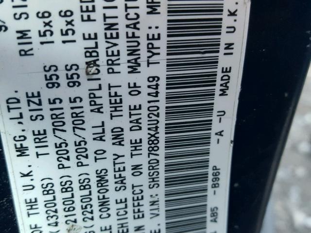 SHSRD788X4U201449 - 2004 HONDA CR-V EX ლურჯი ფოტო 10