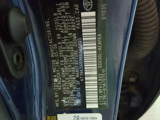 4T1BK36B96U148805 - 2006 TOYOTA AVALON XL BLUE photo 10