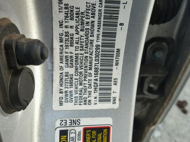 1HGFA16887L030299 - 2007 HONDA CIVIC EX SILVER photo 10