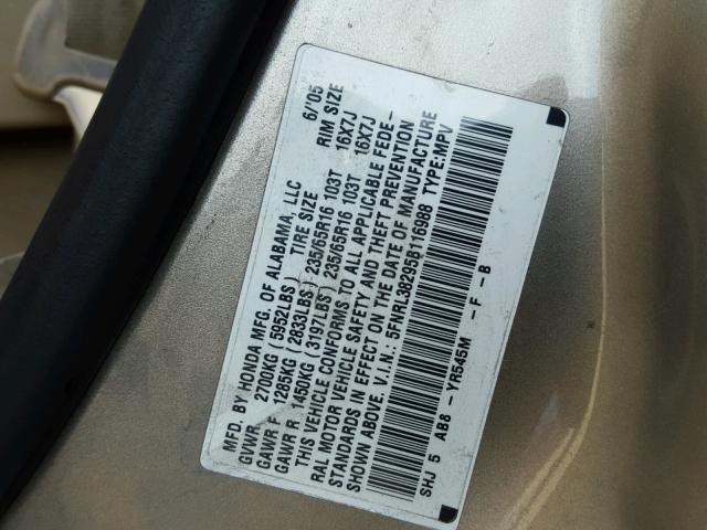 5FNRL38295B116988 - 2005 HONDA ODYSSEY LX GOLD photo 10