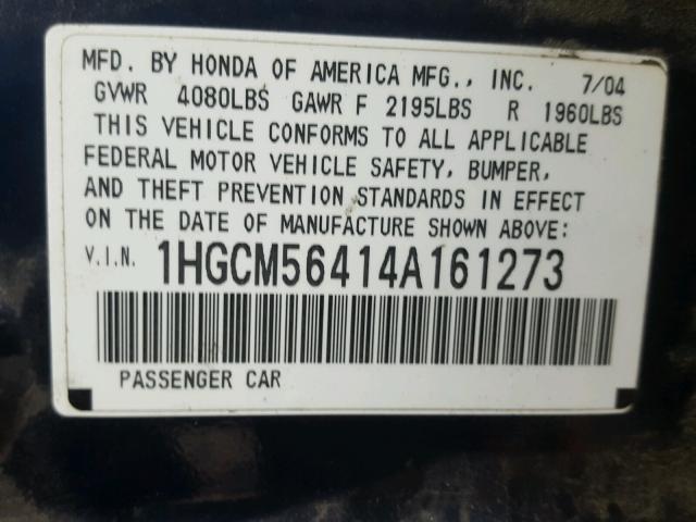 1HGCM56414A161273 - 2004 HONDA ACCORD LX BLUE photo 10