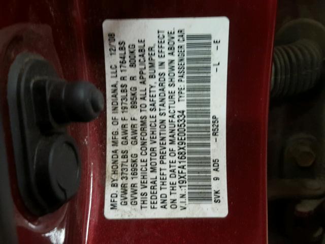 19XFA168X9E005334 - 2009 HONDA CIVIC EX MAROON photo 10