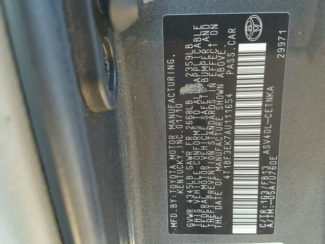 4T1BF3EK7AU111654 - 2010 TOYOTA CAMRY BASE GRAY photo 10