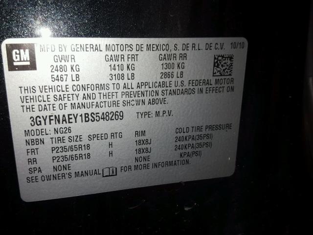 3GYFNAEY1BS548269 - 2011 CADILLAC SRX LUXURY CHARCOAL photo 10