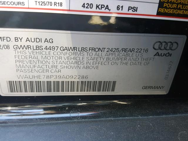 WAUHE78P39A092286 - 2009 AUDI A3 2.0T BLACK photo 10