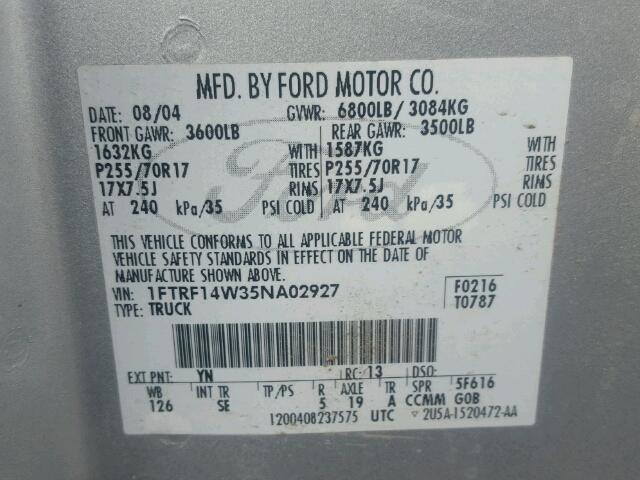 1FTRF14W35NA02927 - 2005 FORD F150 SILVER photo 10