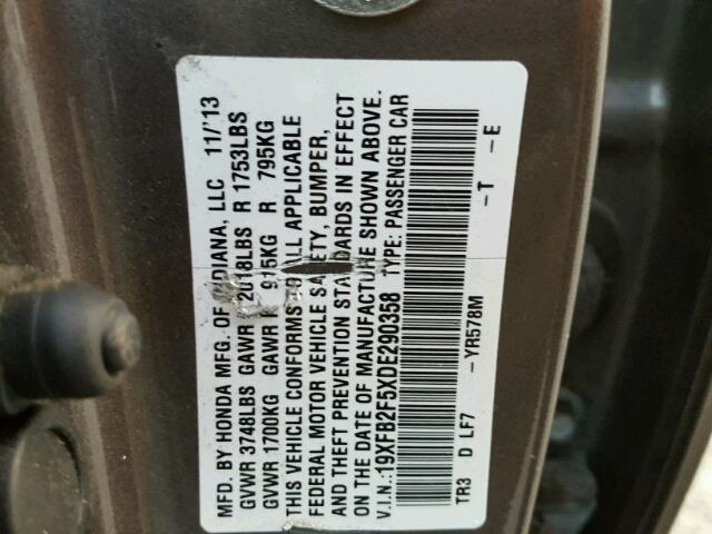 19XFB2F5XDE290358 - 2013 HONDA CIVIC LX GRAY photo 10