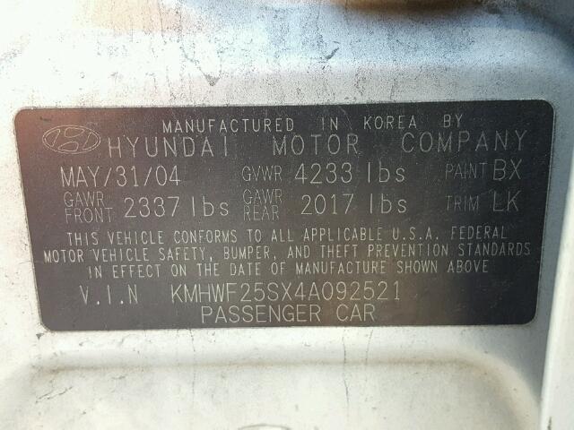 KMHWF25SX4A092521 - 2004 HYUNDAI SONATA GL SILVER photo 10