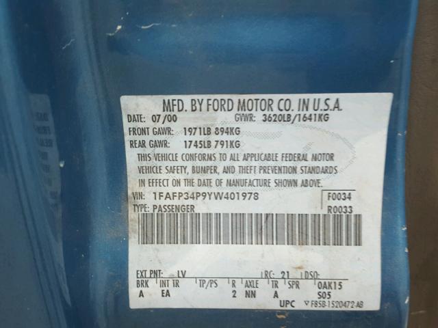 1FAFP34P9YW401978 - 2000 FORD FOCUS SE BLUE photo 10