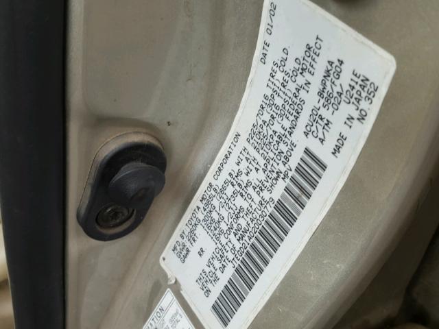 JTEGD21A020030779 - 2002 TOYOTA HIGHLANDER TAN photo 10