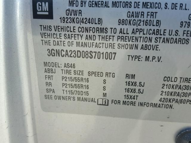 3GNCA23D08S701007 - 2008 CHEVROLET HHR LT SILVER photo 10