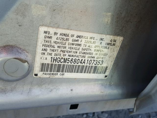 1HGCM56804A107353 - 2004 HONDA ACCORD EX SILVER photo 10