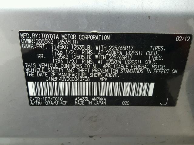 JTMBF4DV2CD043708 - 2012 TOYOTA RAV4 SILVER photo 10