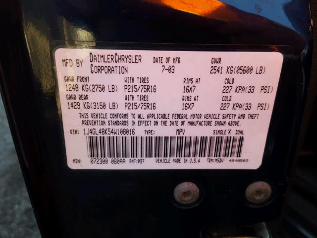 1J4GL48K54W108016 - 2004 JEEP LIBERTY SP BLUE photo 10