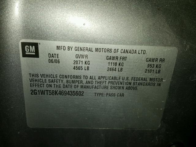 2G1WT58K469435602 - 2006 CHEVROLET IMPALA LT GRAY photo 10