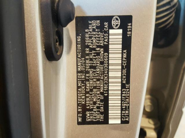 4T1BE32K34U360609 - 2004 TOYOTA CAMRY LE SILVER photo 10