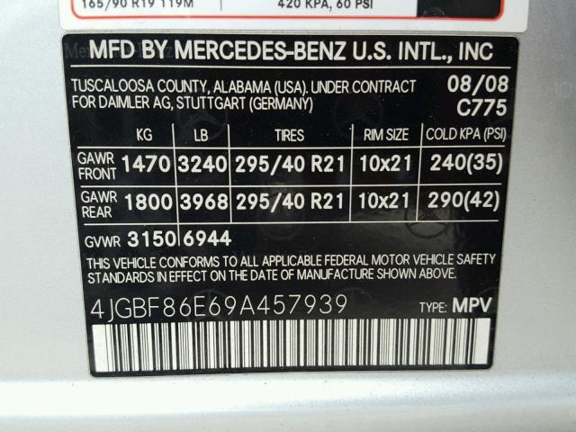 4JGBF86E69A457939 - 2009 MERCEDES-BENZ GL 550 4MA SILVER photo 10