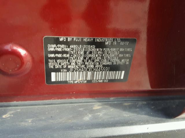 JF2SHADCXCH445591 - 2012 SUBARU FORESTER 2 RED photo 10