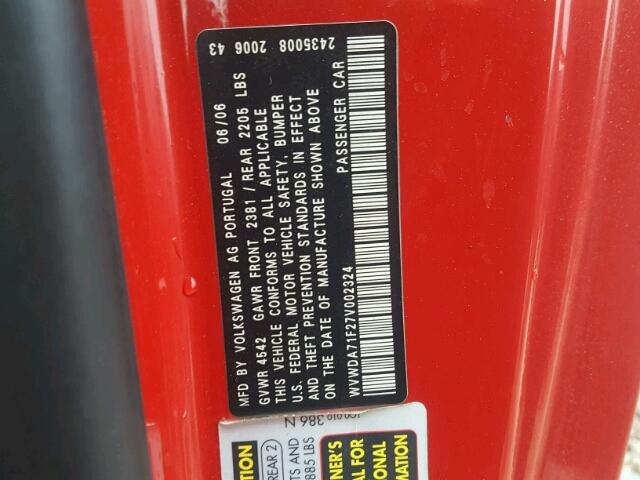 WVWDA71F27V002324 - 2007 VOLKSWAGEN EOS 2.0T S წითელი ფოტო 10