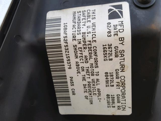 1G8AF52F53Z159379 - 2003 SATURN ION LEVEL SILVER photo 10