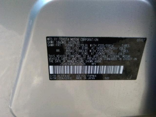 JTLKE50E381027626 - 2008 TOYOTA SCION XB 银色 照片 10