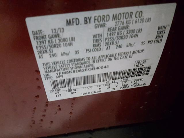 1FM5K8D82EGB40043 - 2014 FORD EXPLORER X RED photo 10