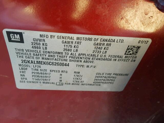 2GKALMEK6C6260044 - 2012 GMC TERRAIN SL RED photo 10