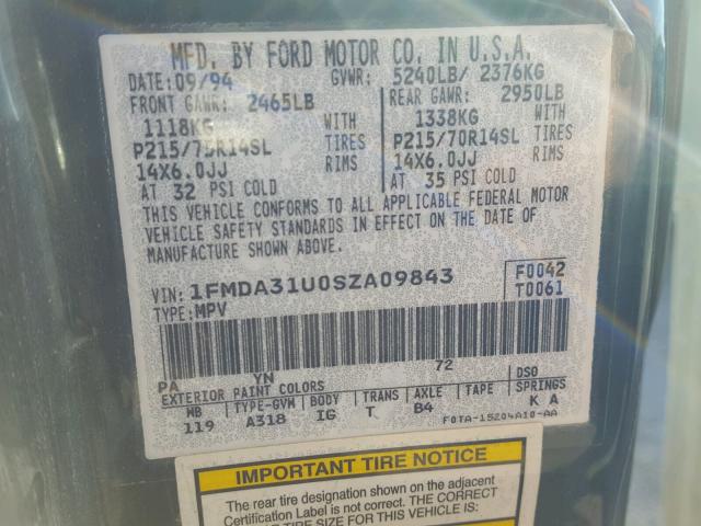 1FMDA31U0SZA09843 - 1995 FORD AEROSTAR GREEN photo 10