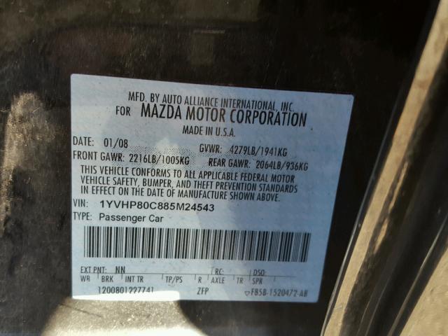 1YVHP80C885M24543 - 2008 MAZDA 6 I BLACK photo 10